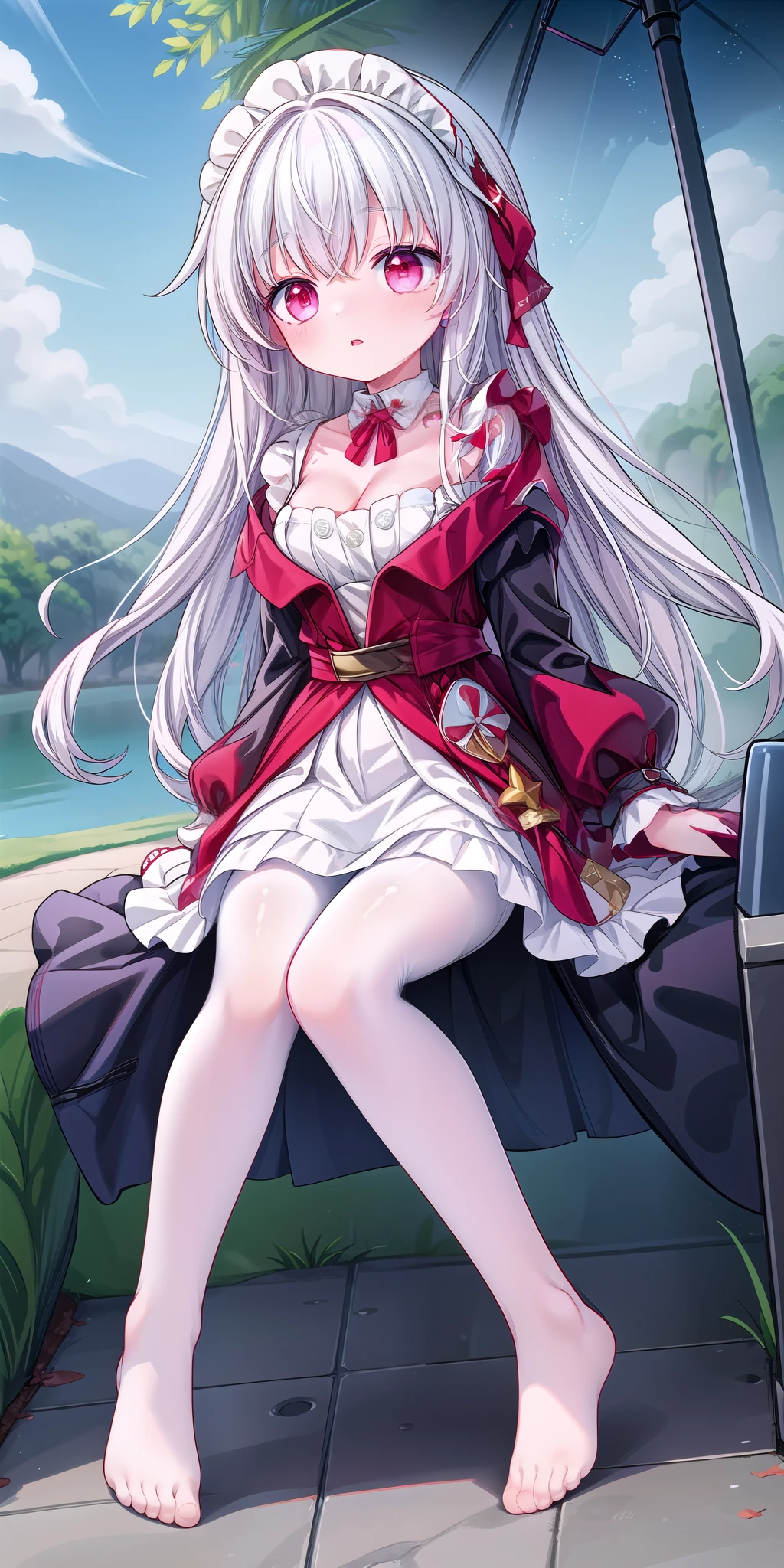 (masterpiece), best quality, 1 Girl, Solitary, Clara, Honkai_Star_rail, white hair, outdoor, whole body, barefoot, White long hair，Red eyes，Maid costume，White pantyhose（1.2）