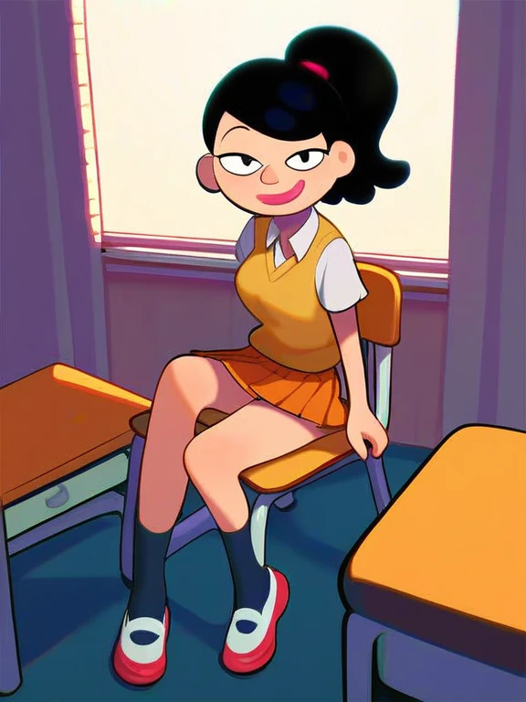 score_9_up,score_8_up,score_7_up, score_6,score_5,score_4, akiko, 1girl, black hair, solo, ponytail, sweater vest, school_uniform, orange skirt, socks, shirt, short sleeves, shoes, smile,looking at viewer, american dad,dot pupils, sitting on chair