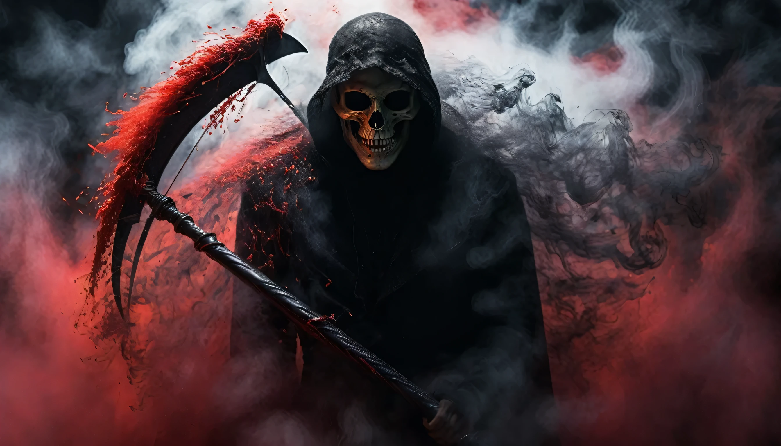 Black grim reaper, Engulfed BY black and red, (Holding scythe),detailed weapon, best quality, ultra-detailed, dark and mysterious, Gothic style, menacing presence, haunting atmosphere, ethereal lighting, grim and foreboding, eerie shadows, swirling mist, supernatural elements, skull motif, dramatic composition, macabre aesthetics, 