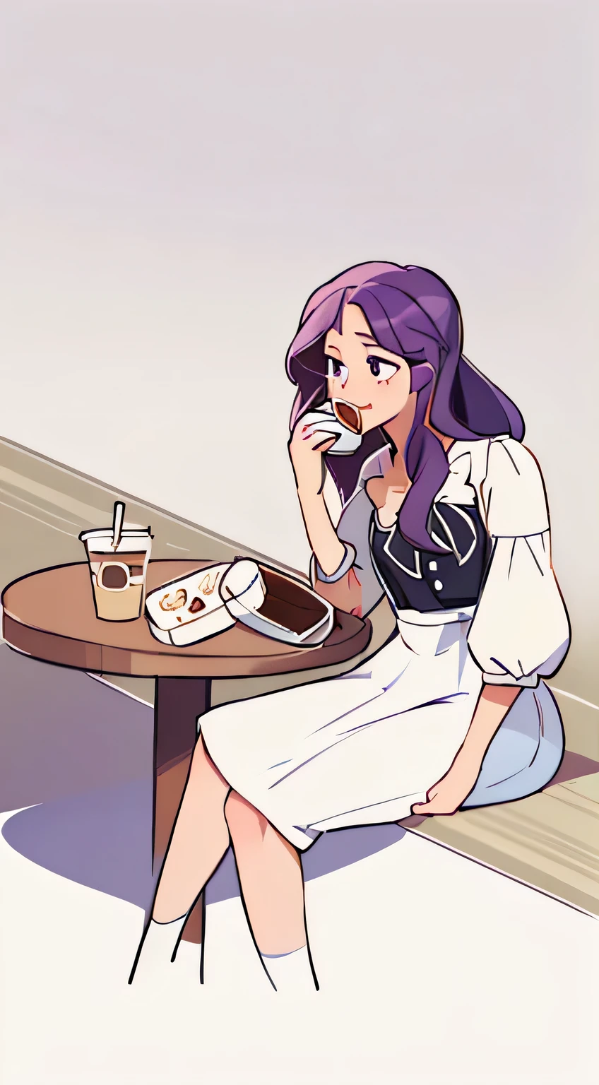 A beautiful girl,Purple hair, White skirt,There is a black bow on the chest,Sitting on the couch,Round table with a cup of coffee,A bento,indoor