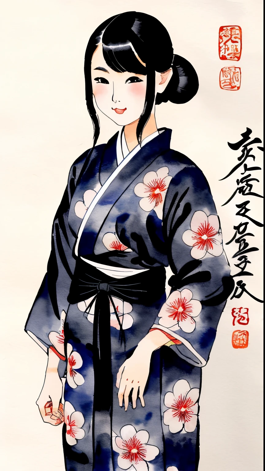 Sumi-e, girl in yukata, ink painting, Japanese landscape, award-winning, using Chinese-style drawing techniques with gentle expressions, ink color shading, blurring and blurring.