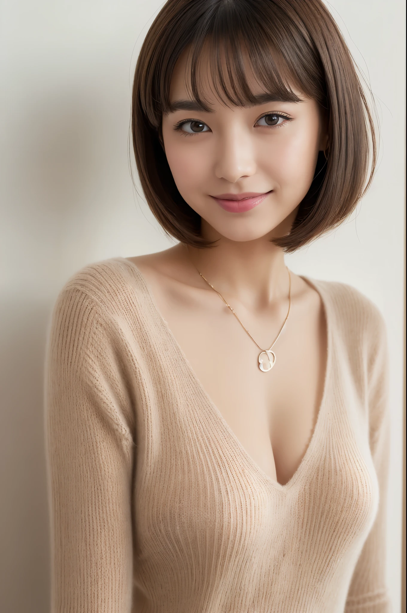 Highest quality, 8K, masterpiece, One Girl, Stylish Japanese woman, Random Hairstyles, Medium-breasted with good shape, short hair, Casual clothing, indoor, short hair, Highly detailed face, fine grain, double eyelid, View your audience, V-neck shirt