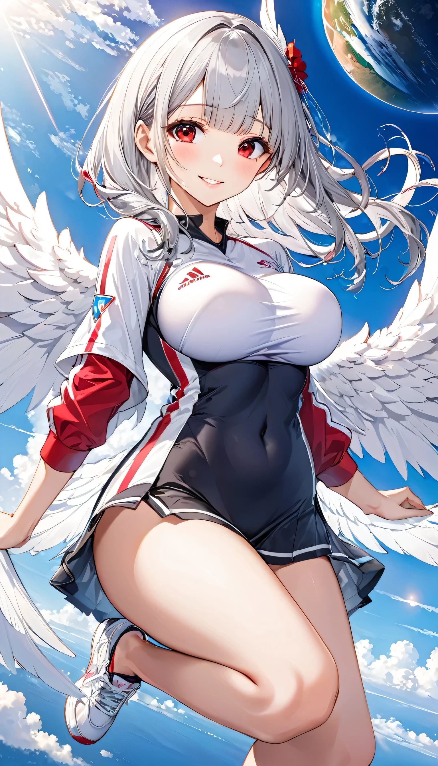 (((Flying above earth High in the Sky))), full body flying on sky, (solo:1.3 blunt bangs silver hair long hair immensely beautiful engel Woman with beautiful biggest white wings), ((24 yo)), (sexy red eyes, beautiful smile, bigboobs), (in a cute Training wear), BREAK, perfect anatomy, masterpiece, best quality, 16k, beautiful detailed grow, daydreaming expression, ((background is Swimming Stadium)).