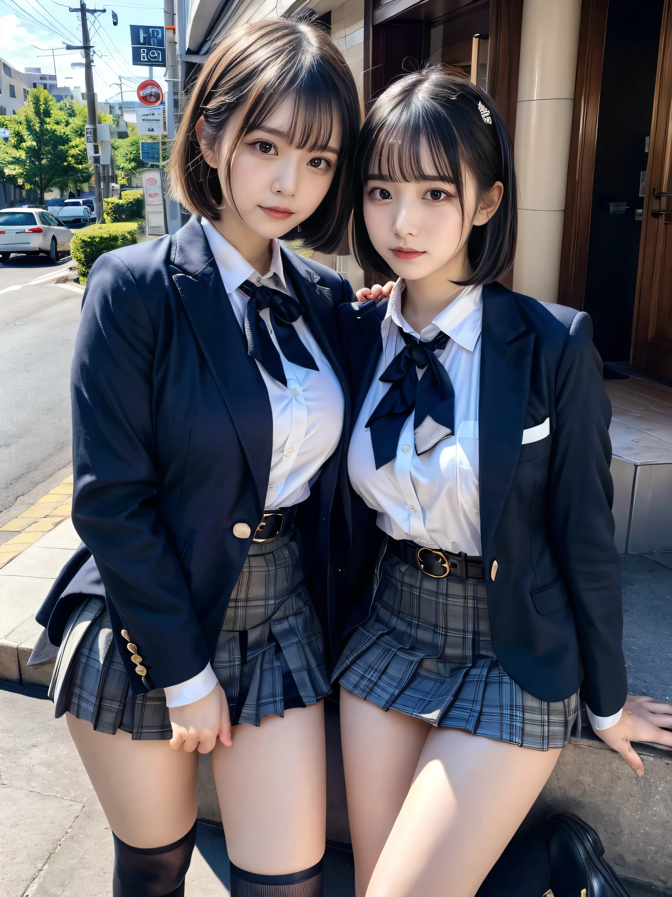 (8K, Raw photography, top-quality, ​masterpiece:1.2), muster piece, best quality, illustration, Super detailed, fine details, High resolution, 8K,wall paper, perfect dynamic composition,(Details High quality, realistic depiction of eyes:1.3), ((2 girls, 2 schoolgirls)), The background is a luxury hotel room、High school girl uniform、blazer 、Super Short Check Uniform Skirt、Navy blue high socks、garterbelts、Colossal tits、Disturbed uniform, Play with each other,Touching each other's bodies,Touching the body of the girl next door, short bob hair, black hair color, huge breasts, Big Natural Color Lip, bold sexy pose, (perfect body shape), crying a little、cold gaze, Harajuku style、Beautiful makeup,glitter makeup,Cutest 18 years old、 beautiful legs, hposing Gravure Idol, Voluptuous thighs