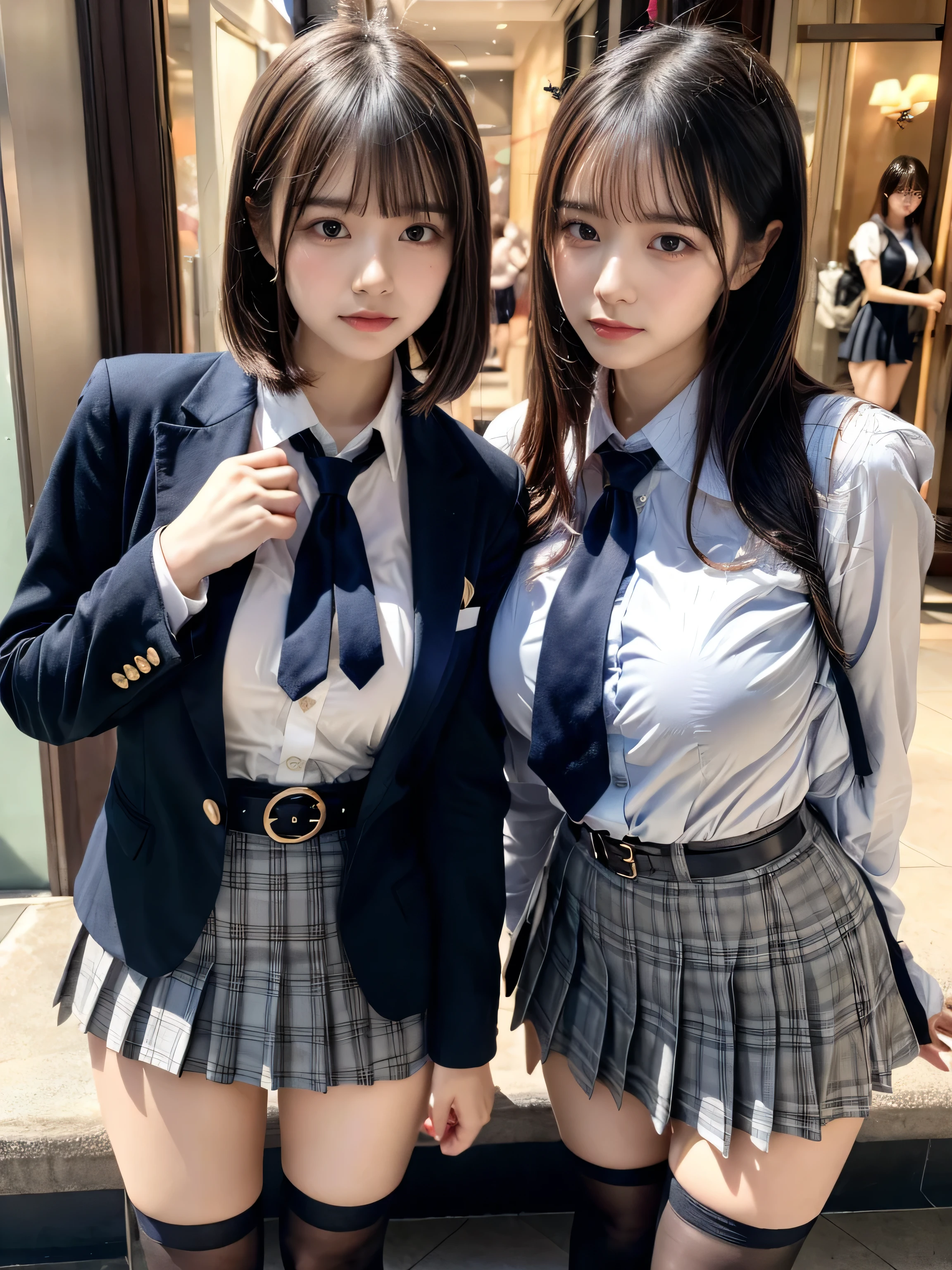 (8K, Raw photography, top-quality, masterpiece:1.2), muster piece, best quality, illustration, Super detailed, fine details, High resolution, 8K,wall paper, perfect dynamic composition,(Details High quality, realistic depiction of eyes:1.3), ((2 girls, 2 schoolgirls)), The background is a luxury hotel room、High school girl uniform、blazer 、Super Short Check Uniform Skirt、Navy blue high socks、garterbelts、Colossal tits、Disturbed uniform, Play with each other,Touching each other's bodies,Touching the body of the girl next door, short bob hair, black hair color, huge breasts, Big Natural Color Lip, bold sexy pose, (perfect body shape), crying a little、cold gaze, Harajuku style、Beautiful makeup,glitter makeup,Cutest 18 years old、 beautiful legs, hposing Gravure Idol, Voluptuous thighs
