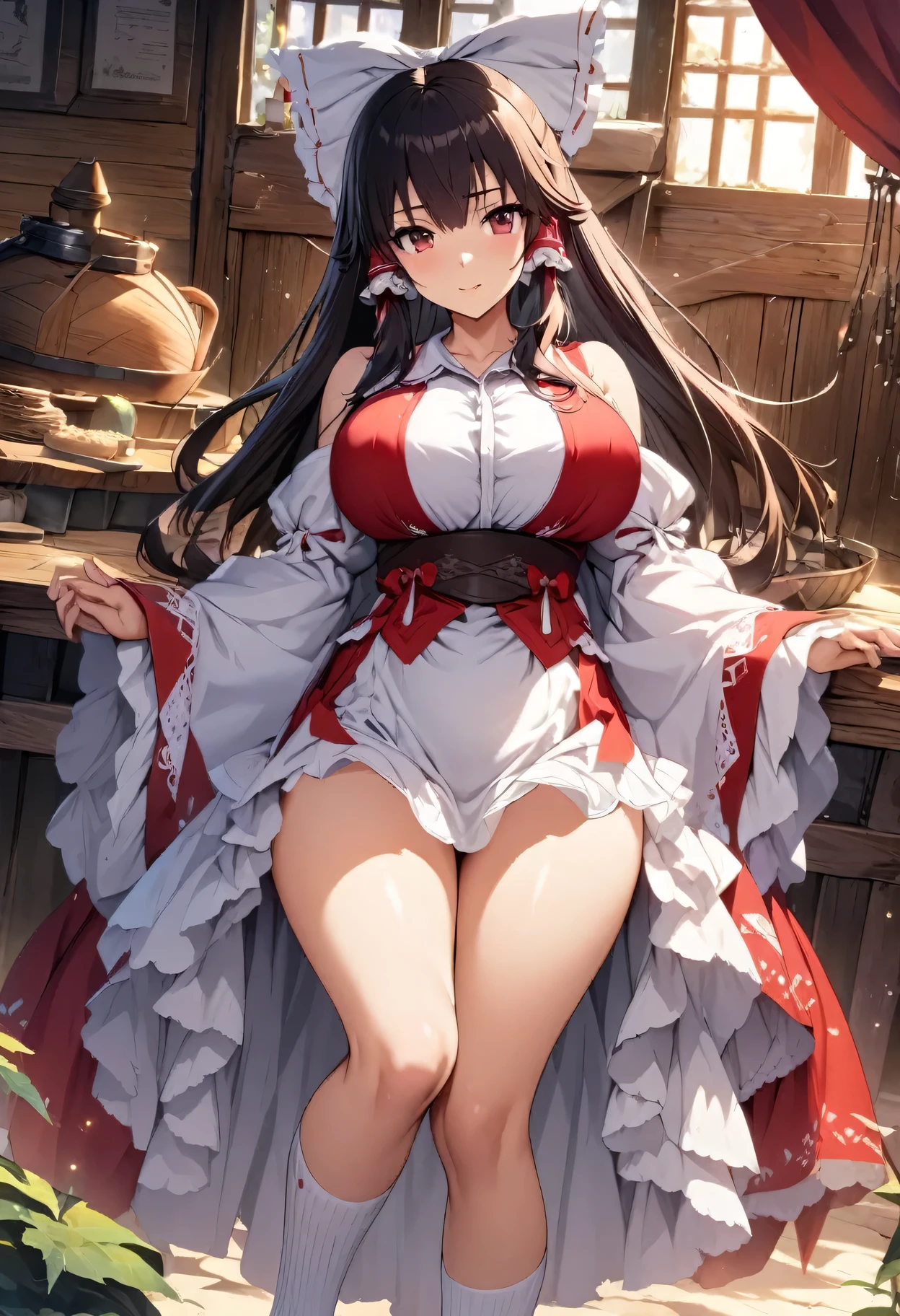 A beautiful and detailed CG work,Depicting Reimu Hakurei, witch, with the highest quality. Comes with delicate white ribbon and socks, Large Breasts, and broad hips., This masterpiece illustration shows the beauty of a female character in solo.