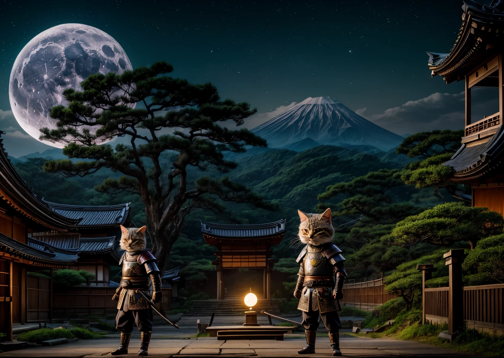 An anthropomorphic cat yokai of an old Japanese samurai、Wearing samurai armor、Silver Hair、In front of the ruined shrine、Moonlit Night、lush vegetation、Old tales、Like a movie、8K、16K、Detailed