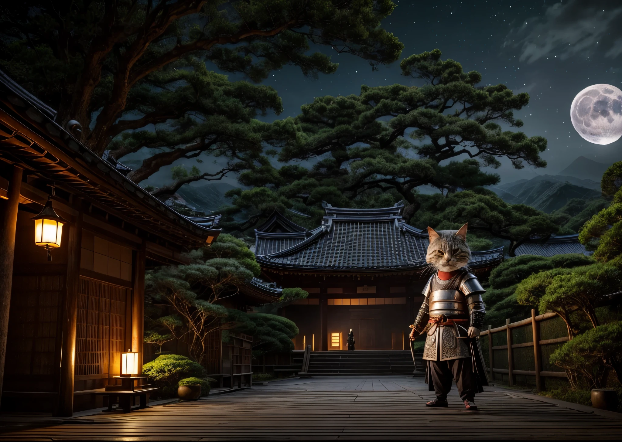 An anthropomorphic cat yokai of an old Japanese samurai、Wearing samurai armor、Silver Hair、In front of the ruined shrine、Moonlit Night、lush vegetation、Old tales、Like a movie、8K、16K、Detailed