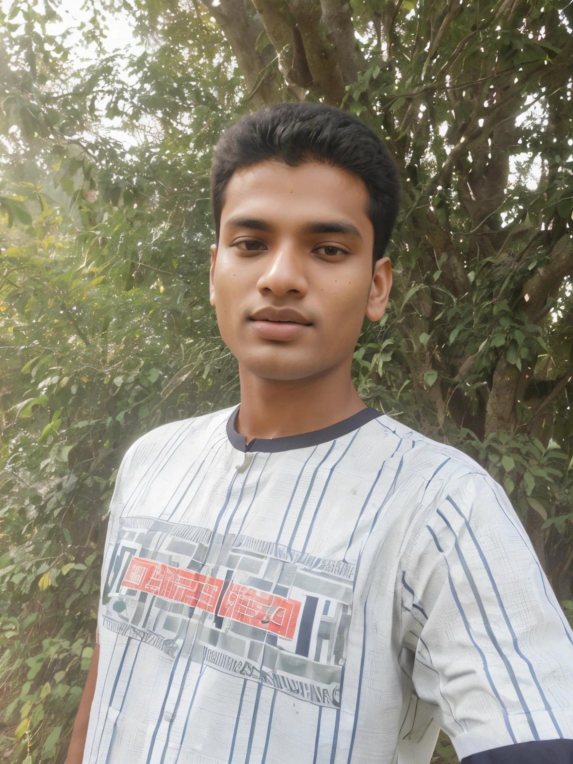 there is a young man standing in front of a tree, jayison devadas, vinayak, mohamed chahin, around 1 9 , riyahd cassiem, without helmet, ayan nag, assamese, ismail, with accurate face, nivanh chanthara, in front of a forest background, portait image