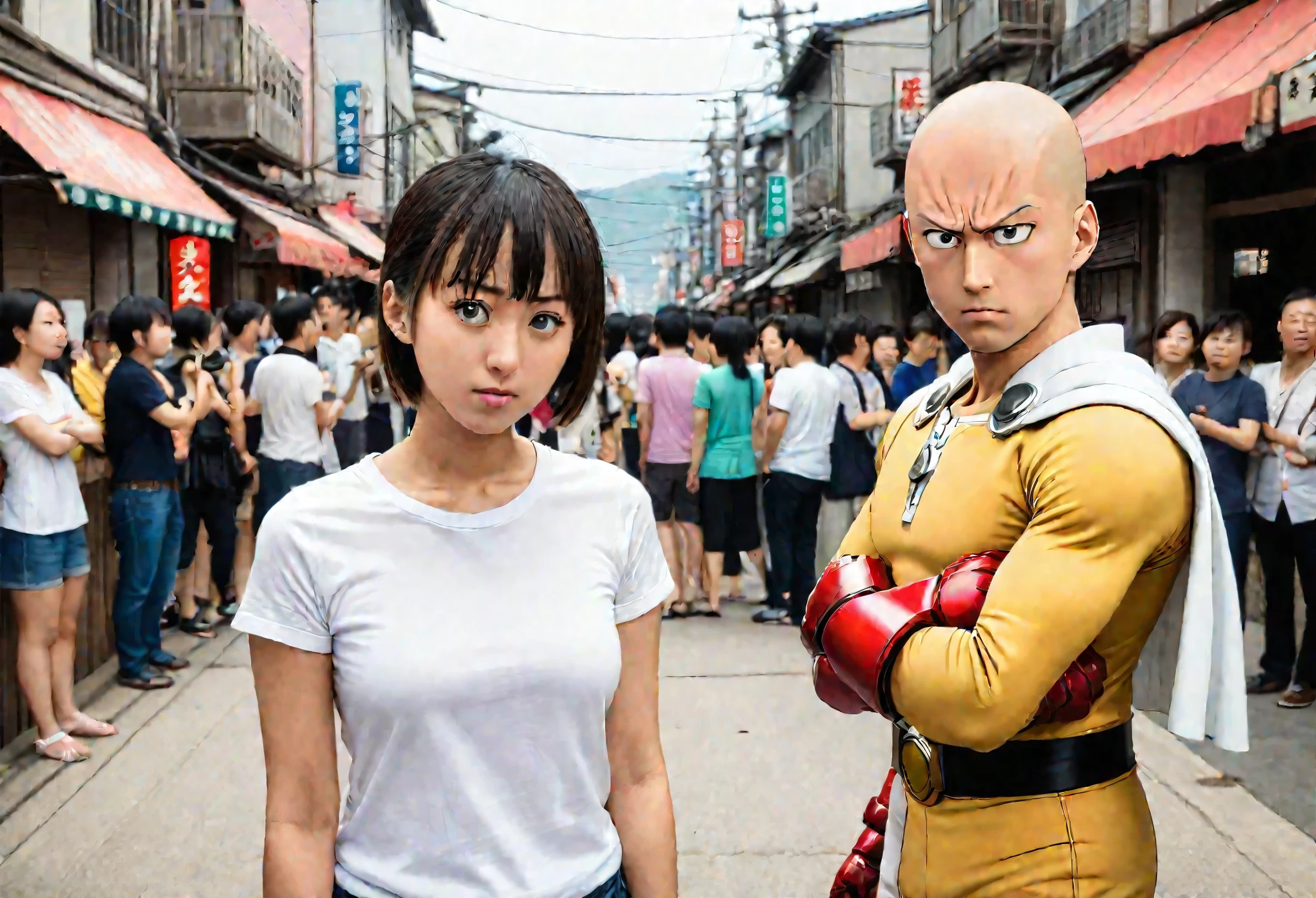 Saitama, one punch man, looks confused. A cute woman has declared she is his girlfriend and is posing for couples photos and asking the crowd to take picture, set in a wrecked part of town post fight (comedy)