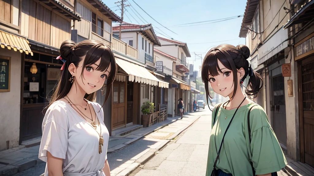 Nara Street、Ancient city、Women in their s to 40s、(stylish, Dress relaxed)Spring-like adult woman、/(Light brown hair)bangs、cheek(Dark Eyeasterpiece 1.2)Delicate illustrations with attention to detail、 (Ancient capital:1.2) (The background is fresh green)、blue sky、Detailed Background、whole bodyが写る、A shy smile、Through clenched teeth、Through clenched teeth、lip、cheek、cheek(Flat Color: 0.8)、(masterpiece: 1,2)、(masterpiece: 1,2)、High resolution、Ultra high definition、highest quality、High resolution、Ultra-thin illustration、Makoto Shinkai style、Your Name is Style、Short Bob、necklace、Earrings、Dynamic pose、Selfie、whole body、Brown Hair、Braiding、Hair Bun、ponytail・Hair Bunスタイル、necklace、Valletta、ribbon、Earringanicure、Selfie。