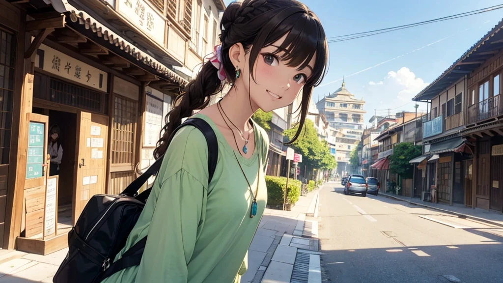 Nara Street、Ancient city、Women in their s to 40s、(stylish, Dress relaxed)Spring-like adult woman、/(Light brown hair)bangs、cheek(Dark Eyeasterpiece 1.2)Delicate illustrations with attention to detail、 (Ancient capital:1.2) (The background is fresh green)、blue sky、Detailed Background、whole bodyが写る、A shy smile、Through clenched teeth、Through clenched teeth、lip、cheek、cheek(Flat Color: 0.8)、(masterpiece: 1,2)、(masterpiece: 1,2)、High resolution、Ultra high definition、highest quality、High resolution、Ultra-thin illustration、Makoto Shinkai style、Your Name is Style、Short Bob、necklace、Earrings、Dynamic pose、Selfie、whole body、Brown Hair、Braiding、Hair Bun、ponytail･Hair Bunスタイル、necklace、Valletta、ribbon、Earringanicure、Selfie。
