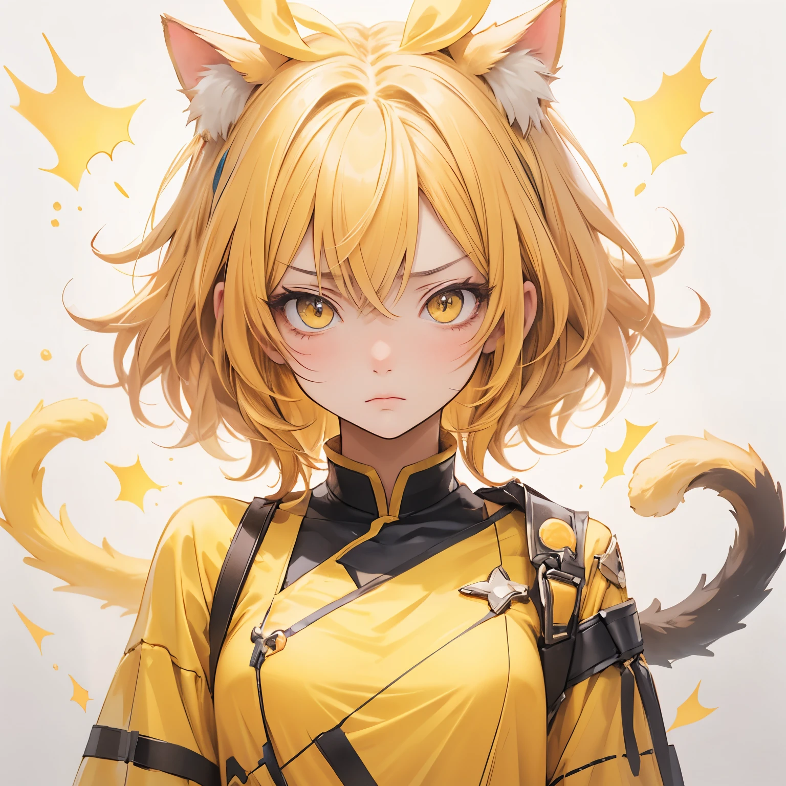 work、graph、report、number、Shape、Cat with yellow ribbon、Yellow Hair、Yellow Eyes、Yellow clothes、Troubled face、fidgety