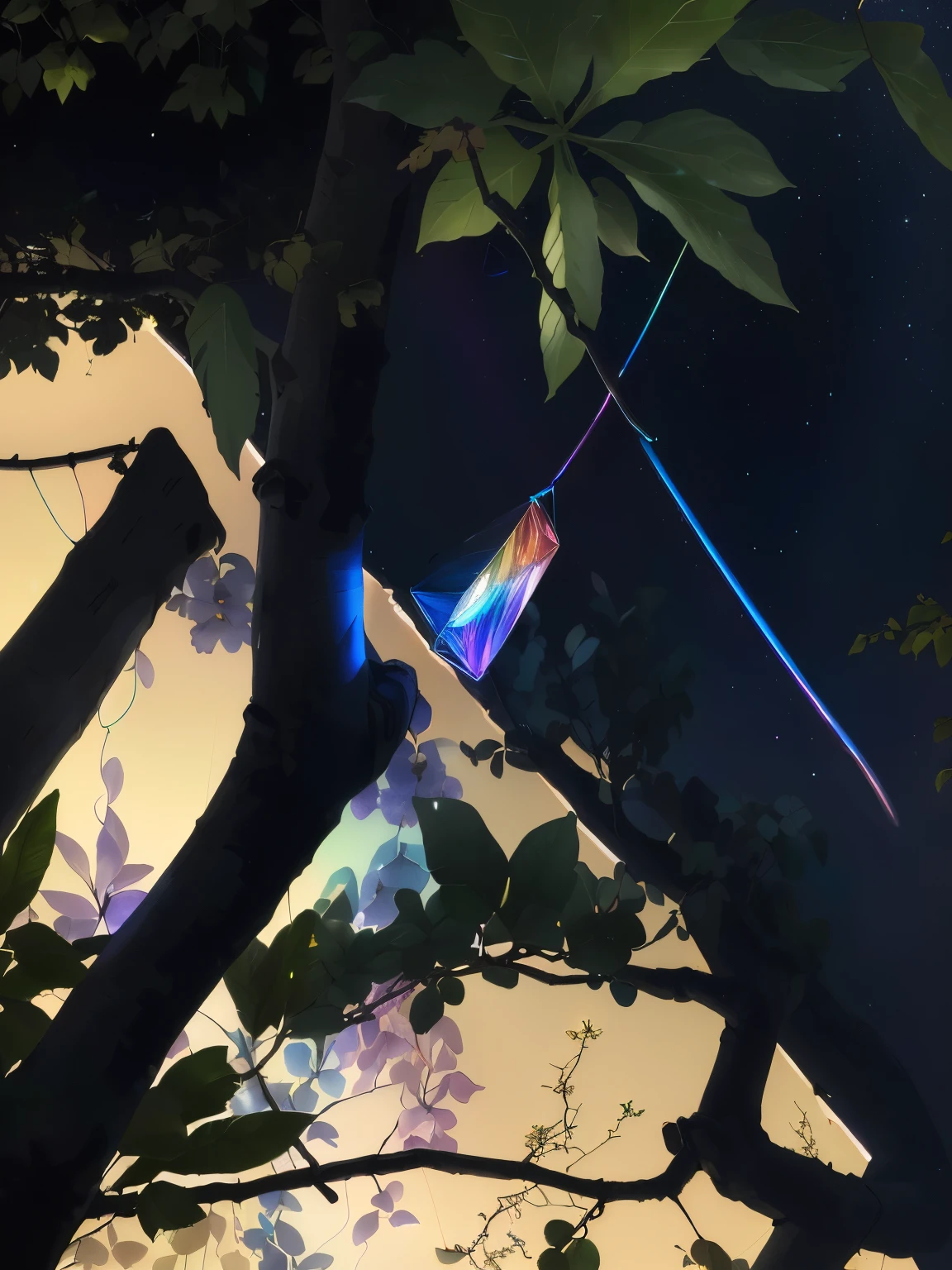 A colorful object hangs on a branch, Rainbow fireflies, dichroic prism, Intense iridescent light, Neon rainbow quartz, Rainbow Aura Quartz, Prism lamp, Lighting side view, Iridescent reflections, filled with bioluminescence, Lanterns on the roadside sparkle, swinging reflective katana, Some fireflies flew in the air