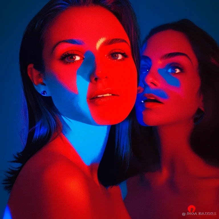 arafed image of a woman with a man's face in the background, an album cover by Giorgio Cavallon, tumblr, digital art, glowing face, blue and red lighting, glowing blue face, red and blue lighting, red and blue back light, blue and red lights, red and blue neon, blue and red tones, light falling on face, face illuminated