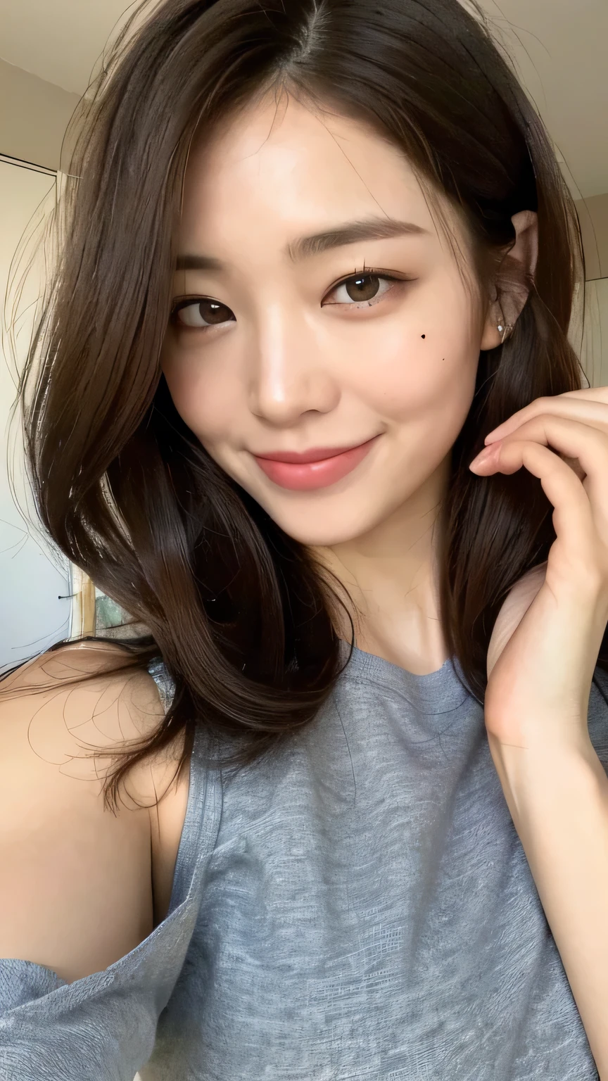 ((highest quality, 8k, masterpiece: 1.3)), 1 female, Japanese Mature,Sensual beauty: 1.3, (Hair style Brown hair Medium wave, big: 1.2), Nightwear: 1.1, Super slender face, Delicate eyes, double eyelid, (((Open your mouth,smile,)))Mole, Home,Plump body,very thick legs,Shot from directly above,Open your mouth wide,