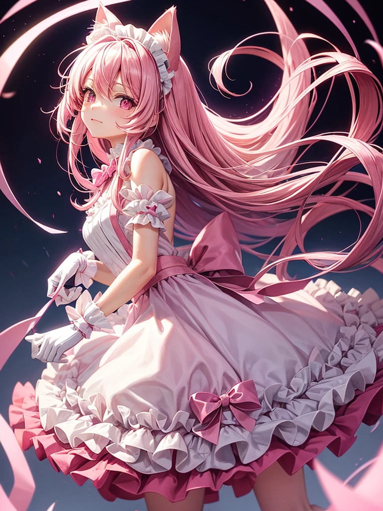 Pink long hair girl witj pink cat ears pink eyes have maid hat 2 pink tails wearing pink neko maid outfit and have pink collar with silver bell and have pink cat paws glove