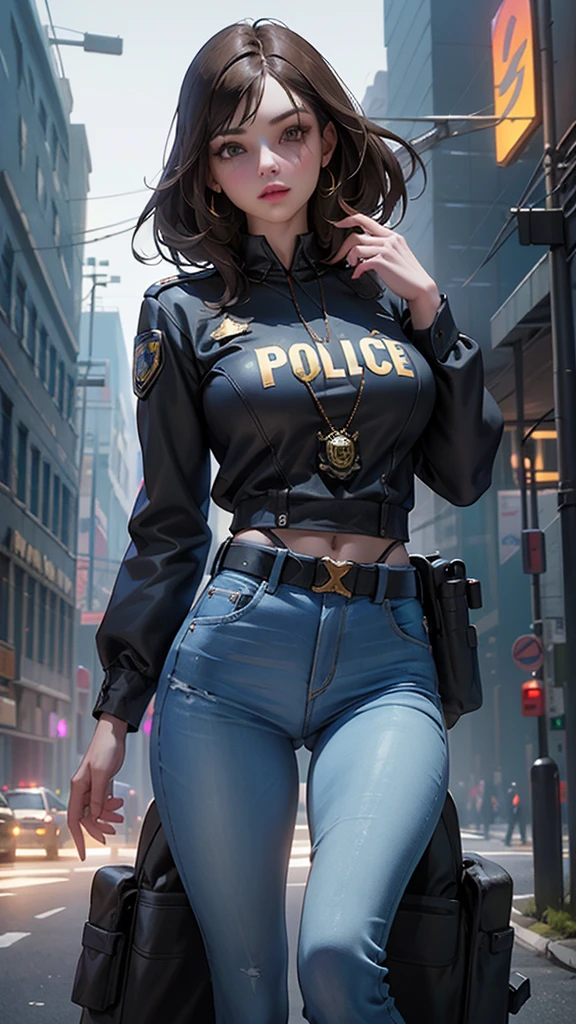 Retrato de natlp como una hermosa modelo femenina., georgia fowler, hermoso rostro, with short dark brown hair, en la ciudad cyberpunk de noche. Ella lleva una chaqueta de cuero., jeans negros, dramatic lighting, (police badge:1.2)