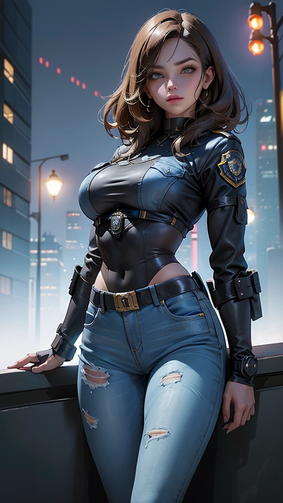 Retrato de natlp como una hermosa modelo femenina., georgia fowler, hermoso rostro, with short dark brown hair, en la ciudad cyberpunk de noche. Ella lleva una chaqueta de cuero., jeans negros, dramatic lighting, (police badge:1.2)
