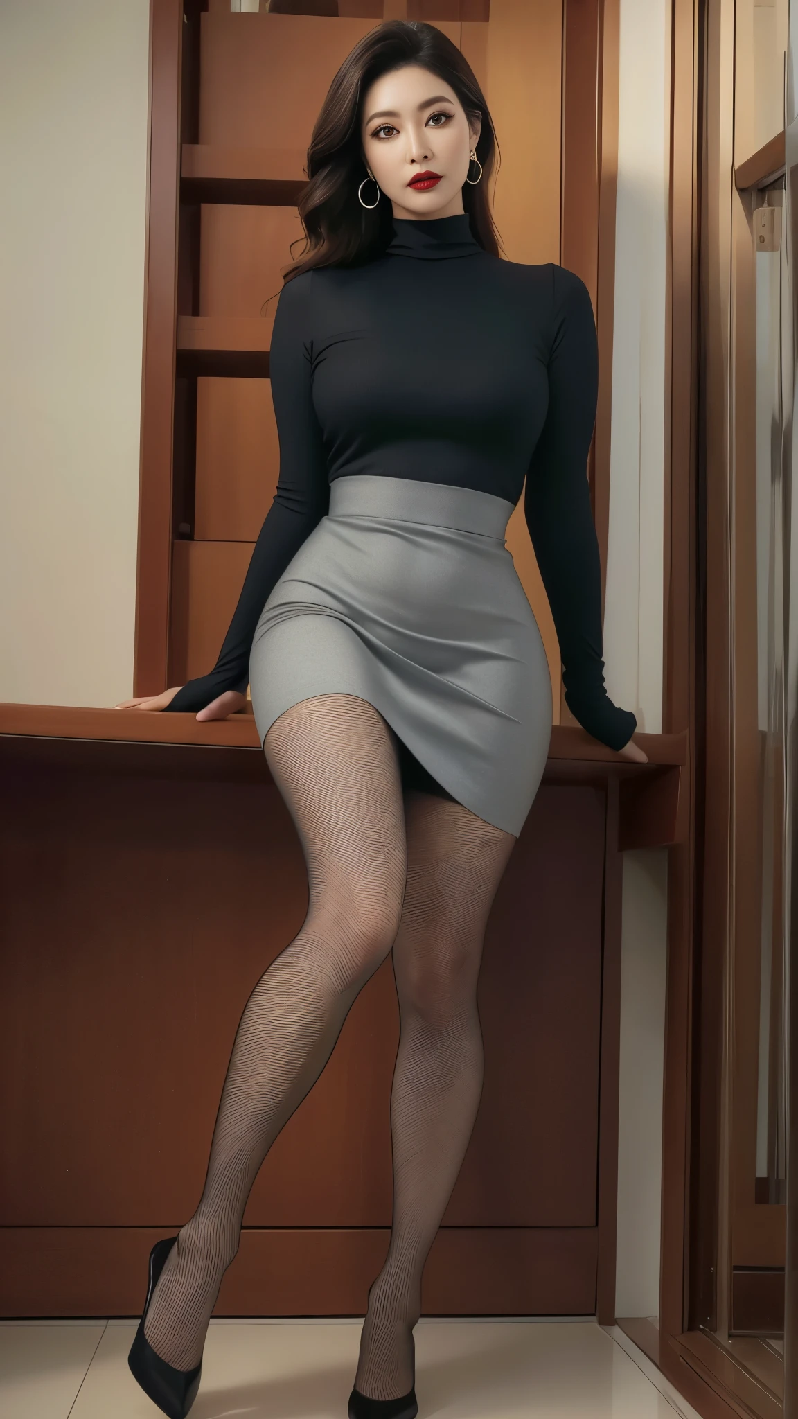 outdoor，Scenes，Gray clothes, (No cleavage),thigh, cosmetic, (lipstick: 1.1), (Eyeliner: 1.2), mascara, Eyeshadow,Outdoor sports, earrings, necklace, Black pantyhose, Wrinkles at the corners of the eyes, Oral wrinkles,High Neck Knit Bodycon Skirt，full-body shot，An Asian Japanese woman，65 years old，big eyes，elegant temperament elegant temperament，(masterpiece:1.2, best quality), Practical, (The true situation,45 years old， Intricate details, Depth of Field，High neck clothes), careful, The content is very detailed, This is a perfect face, Perfect body, Large Model, Mature woman, High, Leg length,Black silk garter，8K,best quality, masterpiece, Ultra-high resolution,(lifelike:1.4), original photo, Stay focused, detailed, Dramatic, Exquisite beautiful woman, (tall and straight:1.1),(Fat goddess desetallic high leg high collar dress mini skirt:1.0),(High collar fitted skirt),half butterfly earrings, double ring necklace, (:1.05), (65 years old, : 1.4), cosmetic, (lipstick: 1.1), (Eyeliner: 1.2), mascara, Eyeshadow, Long curly hair, Dynamic Angle, (red lips)Beautiful graphics, thigh long，Random Color Greasy Reflective Tights, Scenes，Fishnet socks，Red high heels