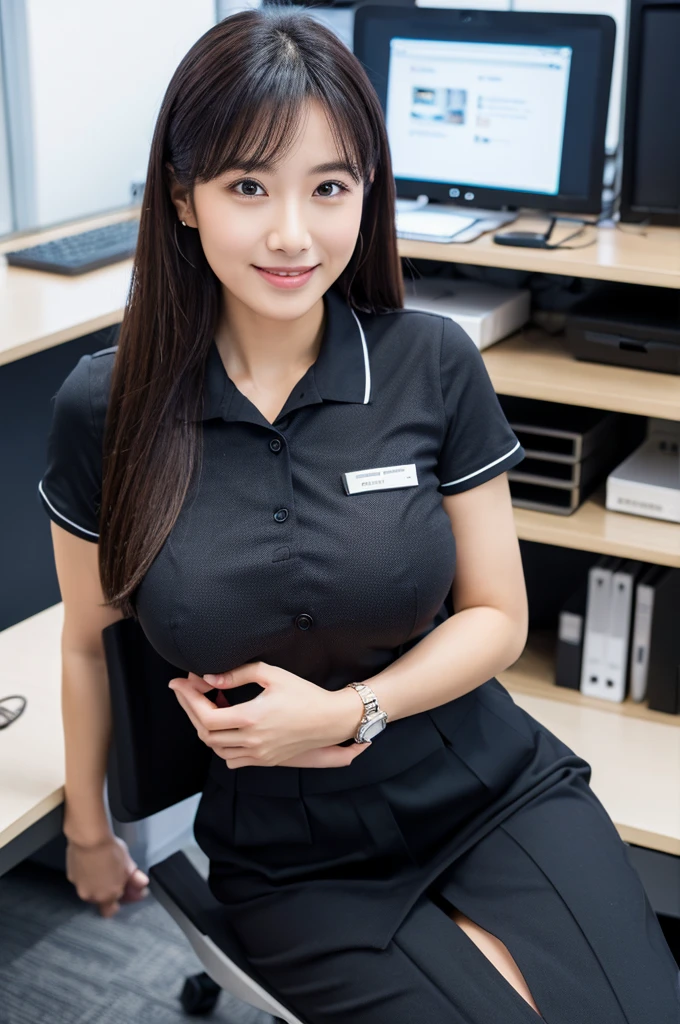 (Natural background), masterpiece, highest quality, shape, Very detailed, finely, High resolution, 8k wallpaper, 完璧なダイナミックな構shape, finelyて美しい目, Natural color lip, Random pose, smile, ((office)), Beautiful woman,Big Breasts、Full Body Shot, ((working office uniform)), (dark), Thinking Ahead, Sit on a chair