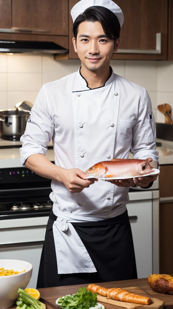 Male chef in his 30s,good looking,high resolution,cutting fish with a knife,Home Kitchen,Fair skin,Black short hair,Muscular