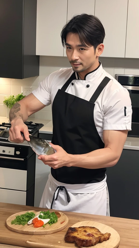 Male chef in his 30s,good looking,high resolution,cutting fish with a knife,Home Kitchen,Fair skin,Black short hair,Muscular