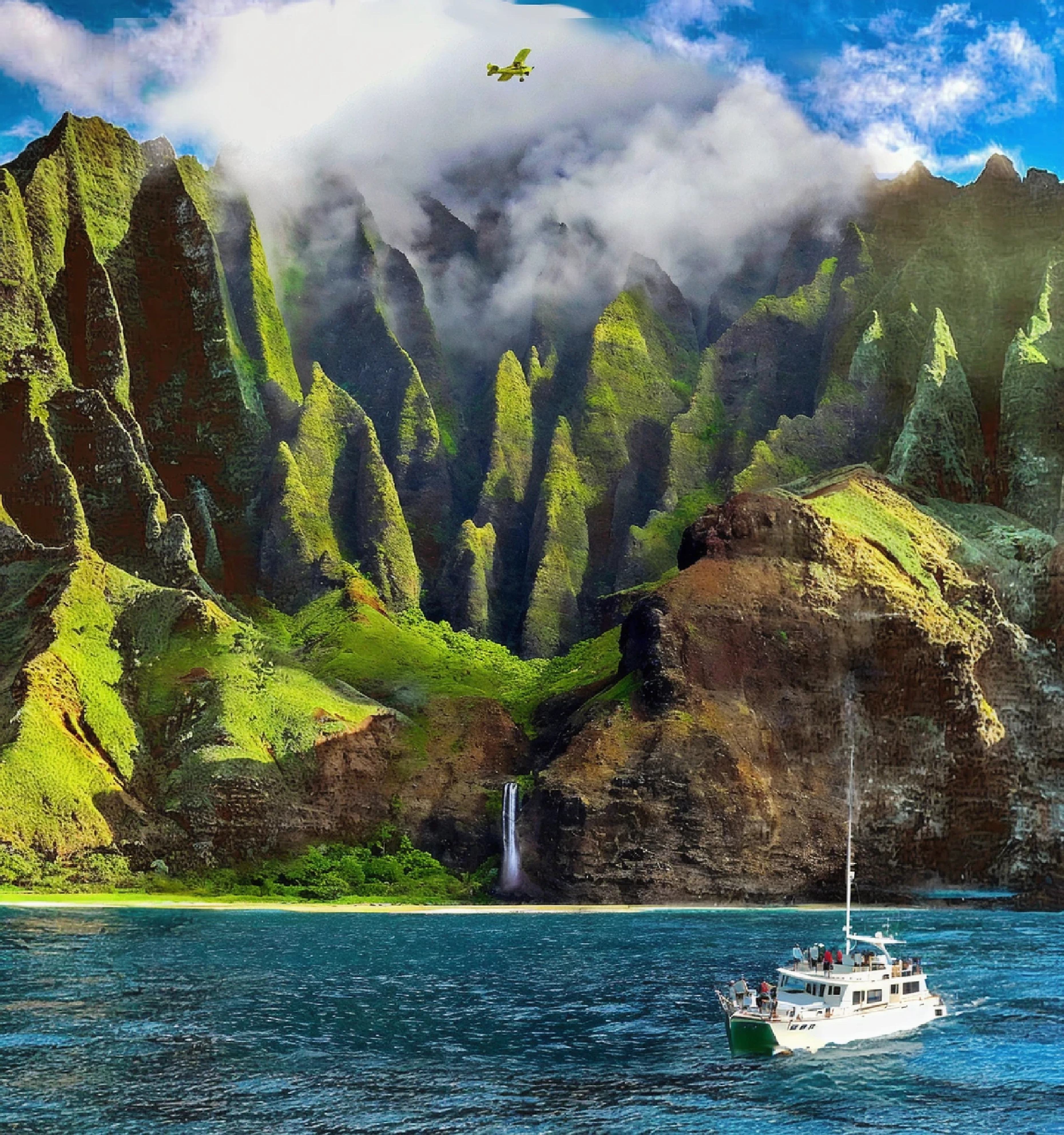 arafed boat in the water near a mountain with a waterfall, kauai, majestic nature scenery, kauai springtime, mountains and ocean, hawaii, ( ( ( ( kauai ) ) ) ), high quality desktop wallpaper, ( ( ( kauai ) ) ), high quality wallpaper, epic and stunning, amazing wallpaper, epic matte painting of an island, breathtaking scenery, magnificent background
