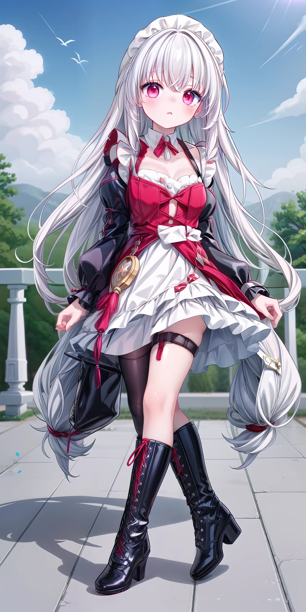 (masterpiece), best quality, 1 Girl, Solitary, Clara, Honkai_Star_rail, white hair, outdoor, whole body, barefoot, White long hair，Red eyes，Maid costume，White lace-up boots（1.2）