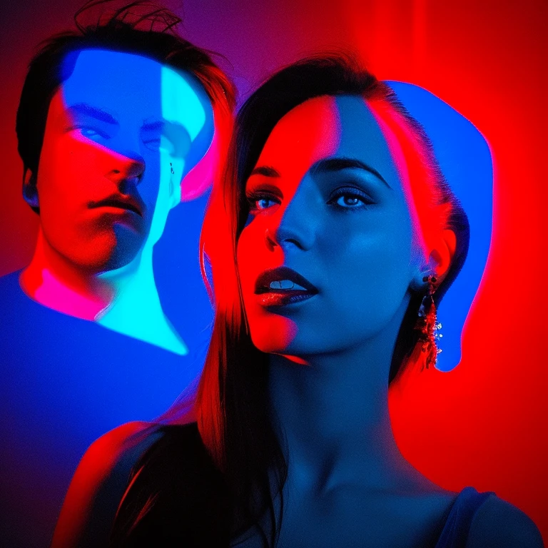 arafed image of a woman with a man's face in the background, an album cover by Giorgio Cavallon, tumblr, digital art, glowing face, blue and red lighting, glowing blue face, red and blue lighting, red and blue back light, blue and red lights, red and blue neon, blue and red tones, light falling on face, face illuminated