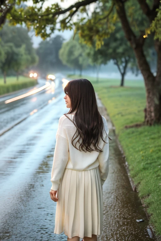 masterpiece、high resolution、High definition、White blouse、Beige jumper skirt、Beautiful woman in her 20s、profile、long hair with bangs、I'm wet in the rain、Lakeside、Shooting from afar、Trees around、Evening weather rain、A beautiful woman walking in the rain、confusion、Ephemeral、Quiet place、Noise Reduction、Pale, soft light、