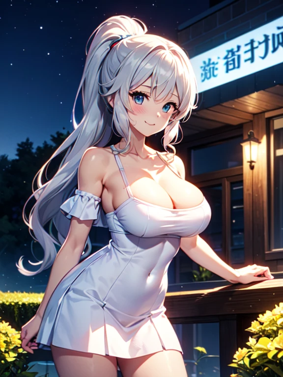 High resolution, highest quality, super high quality,3D Images、Kumiko、3D Images、beautiful flower々Garden in full bloom、Gray Hair、Wavy long hair、Very detailedな CG Unity 8k 壁紙, [3D Images:1.15],Attractive eyes、[[Fine grain、blue eyes、Shining Eyes:1.15]], , Very detailed,Thin fingers、Front view、Cinema Lighting、super high quality,3D Images ,White Hair、Mouth closed、Absolute reference to the center、Cute no matter who looks at it、clavicle,Off the shoulder, Sweater dress,Very long hair、Absolute reference to the center、whole body, alone,Cinema Lighting、smile、blush,Cowboy Shot、Leaning forward,Gray Hair, Cleavage, ((Very large breasts)),Big Ass,blue eyes,Big eyes,clavicle, Mature Body,Attractive body,(Trained abdominal muscles),Make your face a little smaller,Enlarge your breasts,expensive,blushする,High Ponytail,