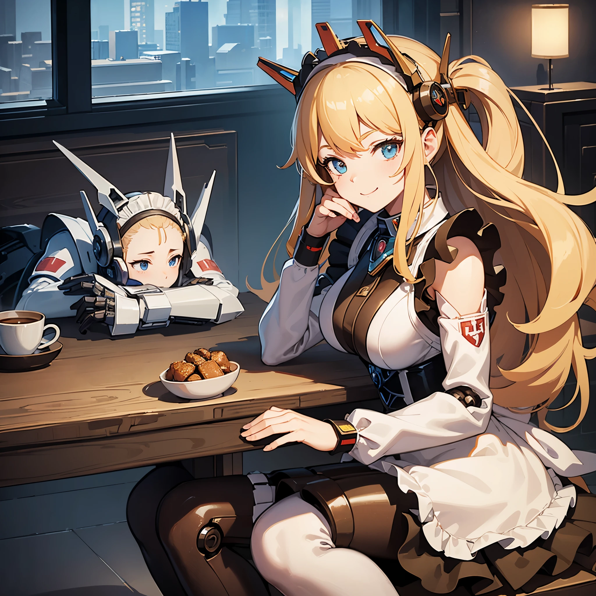 ((masterpiece)), ((best quality)), ((ultra-detailed)), 1girl, (mecha musume:1.4), science fiction, mechanical arms, maid dress, mechanical legs, mechanical parts, maid, long hair, blonde hair, mechanical wings, mechanical shield, headgear, , looking at viewer, smile, maid headdress, maid apron, coffee shop, coffee cup, upper body, coffee pot, (head rest:1.2), long sleeves,