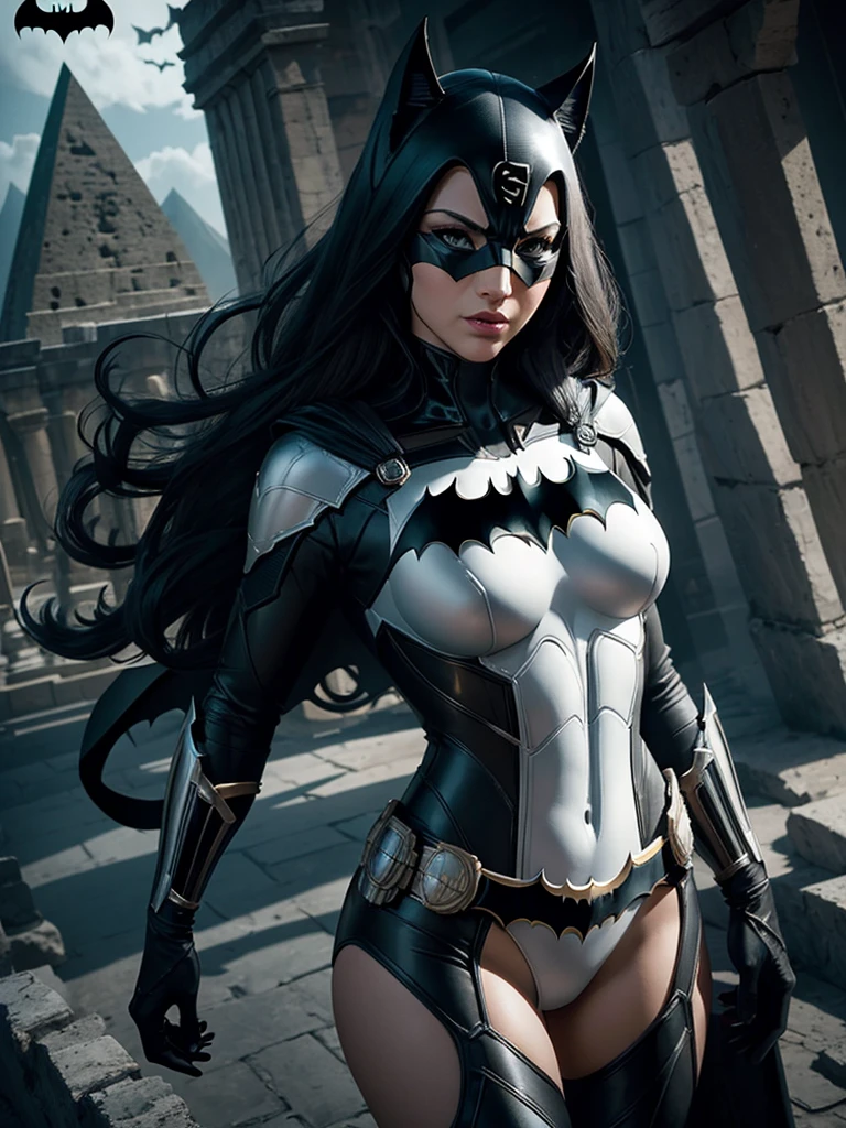 Sexy cat woman (batman char) with white sexy armour, con glifos grabados al relieve en si armaduea, en el fondo una antigua piramide, obra maestra, perfect design, cinematic style, ultra realismo, hyperreality, 4k, altas texturas