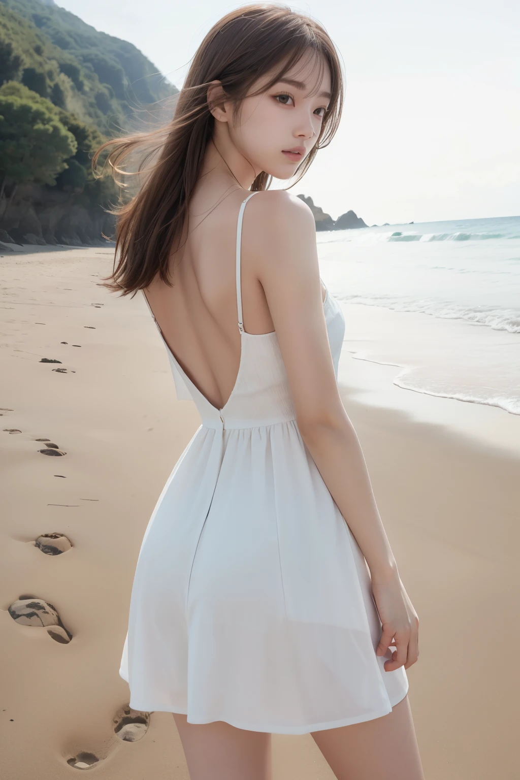 1girl,highres, high quality, masterpiece, bare shoulder, white dress, beach