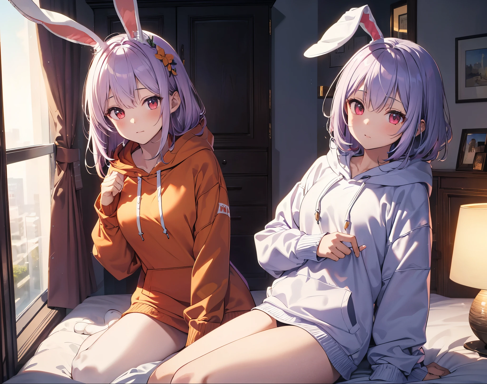 Realistic,Highest quality, Ultra Detail, High-quality CG rendering, The most delicate and beautiful, Floating softly, High resolution, (1 girl), (Highest quality,4K,8k,masterpiece:1.2), Light purple hair,Rabbit,(Rabbit ears:1.5),(Long Hair:1.3),Red eyes,(White oversized hoodie:1.3),Inside the room,bed,(Turn your back to your audience:1.3),Butt