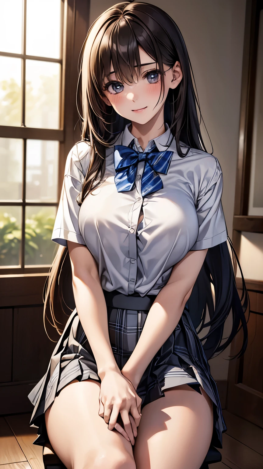 (masterpiece:1.2, highest quality), (Realistic, photoRealistic:1.4), Beautiful illustrations,
View Viewer, whole body, Front view:0.6,
1 girl, Japanese, high School girl, (semi-long:1.5), Hair fluttering, bangs, Hair between the eyes, Big Breasts:0.8,
Beautiful Hair, Beautiful Face, Beautiful fine details, Beautiful clavicle, Beautiful body, Beautiful breasts, Beautiful thighs, Beautiful feet, Beautiful fingers,
(Beautiful views), , School,
((Collared short-sleeved shirt, White shirt, , Grey plaid pleated skirt, Blue checked bow tie)), White panties,
(Are standing, , Roll up your skirt, Grab the hem of the skirt, Place your hand on your chest, Place your hands between your legs),
blush, ,