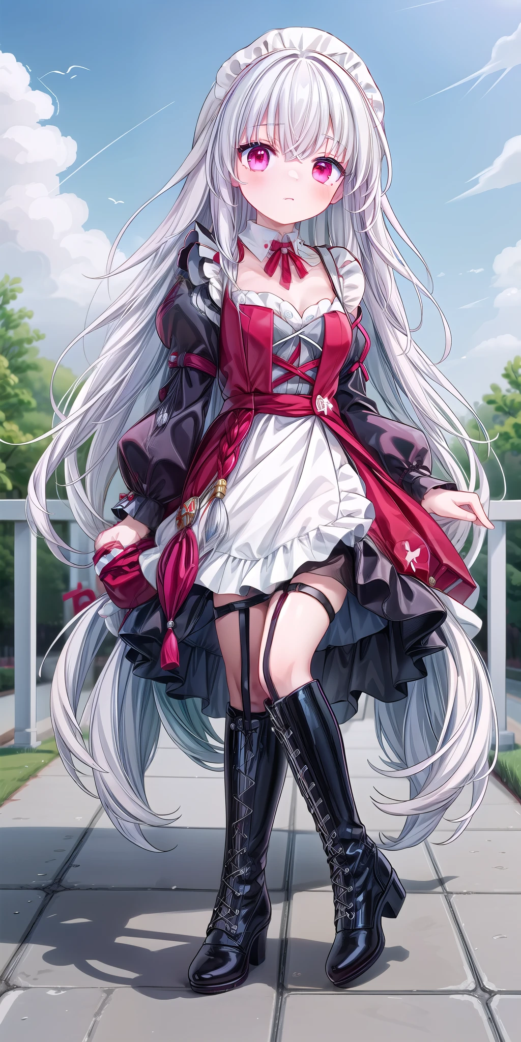 (masterpiece), best quality, 1 Girl, Solitary, Clara, Honkai_Star_rail, white hair, outdoor, whole body, barefoot, White long hair，Red eyes，Maid costume，White lace-up boots（1.2）