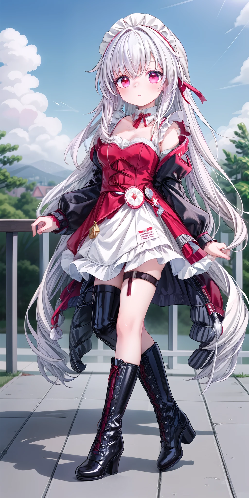 (masterpiece), best quality, 1 Girl, Solitary, Clara, Honkai_Star_rail, white hair, outdoor, whole body, barefoot, White long hair，Red eyes，Maid costume，White lace-up boots（1.2）