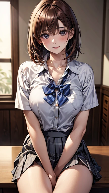 (masterpiece:1.2, highest quality), (Realistic, photoRealistic:1.4), Beautiful illustrations,
View Viewer, whole body, Front view:0.6,
1 girl, Japanese, high School girl, (Medium Hair:1.5), Hair fluttering, bangs, Hair between the eyes, Big Breasts:0.8,
Beautiful Hair, Beautiful Face, Beautiful fine details, Beautiful clavicle, Beautiful body, Beautiful breasts, Beautiful thighs, Beautiful feet, Beautiful fingers,
(Beautiful views, School, Schoolの教室, Schoolの校庭)
((Collared short-sleeved shirt, White shirt, , Grey plaid pleated skirt, Blue checked bow tie)), White panties,
(Are standing, , Roll up your skirt, Grab the hem of the skirt, Place your hand on your chest, Place your hands between your legs),
blush, ,