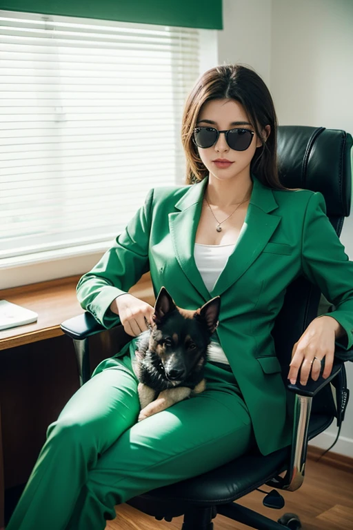 One wearing black sunglasses，German shepherd dog in a light green suit sitting on a black leather office chair at a desk，Look directly into the lens，oc renderer