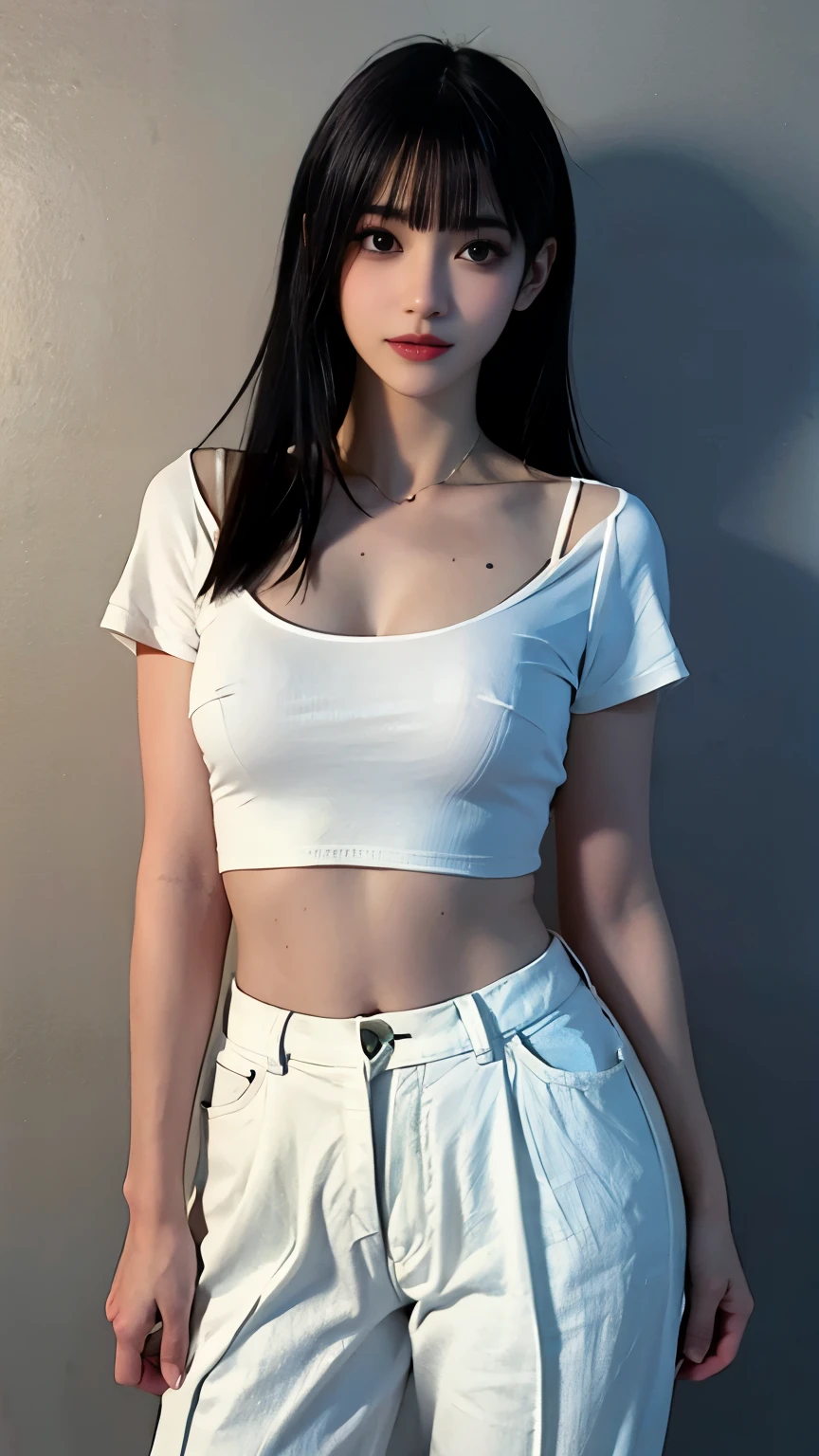 Natural, A high resolution:1.3), 1 chica con un cuerpo perfecto, Super fine face and eyes.,pelo largo y blanco, Camiseta sin mangas de colores aleatorios.:1.2, pantalones vaqueros cortos, tetas grandes,exponer escote,A lamp covered his chest.,Extremadamente delicadamente hermosa,Delicate collarbones,hermoso maquillaje,Rasgos faciales exquisitos y perfectos, no shirt and bra.