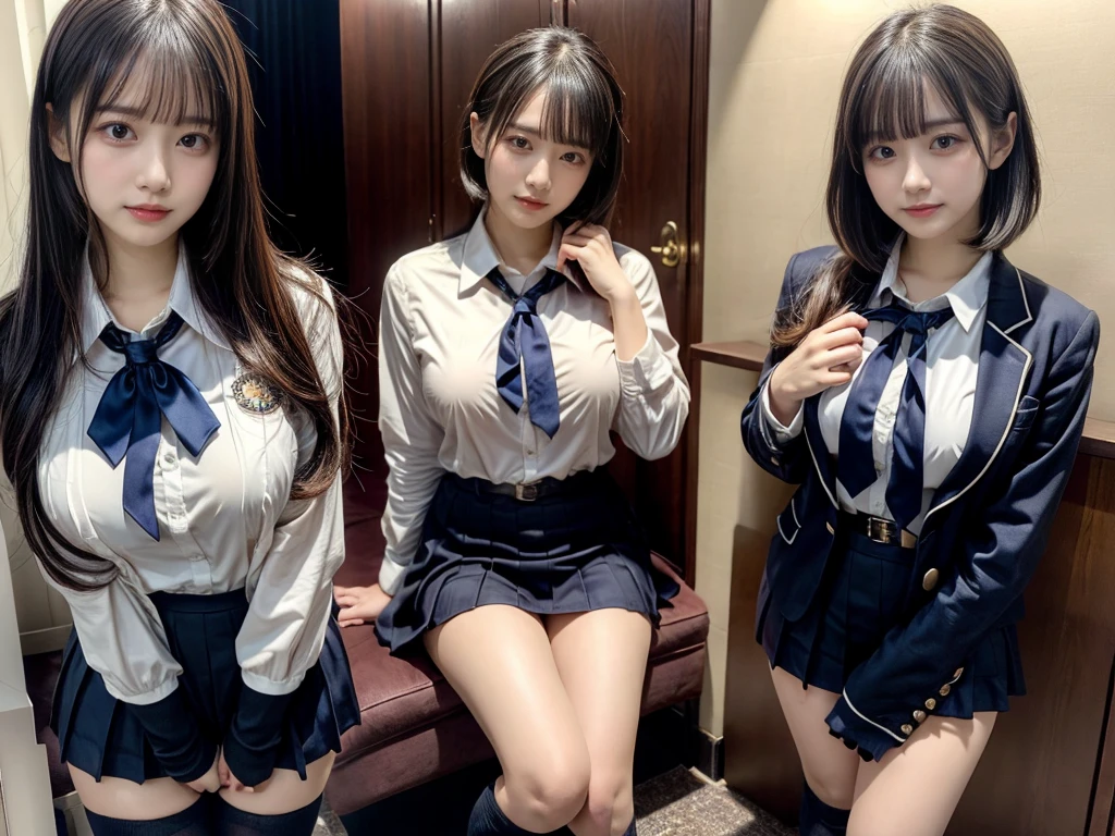 muster piece, best quality, illustration, Super detailed, fine details, High resolution, 8K,wall paper, perfect dynamic composition,(Details High quality, realistic depiction of eyes:1.3), ((2 girls, 2 schoolgirls)), The background is a luxury hotel room、High school girl uniform、blazer 、Super Short Check Uniform Skirt、Navy blue high socks、garterbelts、Colossal tits、Disturbed uniform, Play with each other,Touching each other's bodies,Touching the body of the girl next door, short bob hair, black hair color, huge breasts, Big Natural Color Lip, bold sexy pose, (perfect body shape), crying a little、cold gaze, Harajuku style、Beautiful makeup,glitter makeup,Cutest 18 years old, beautiful legs, hposing Gravure Idol, Voluptuous thighs
