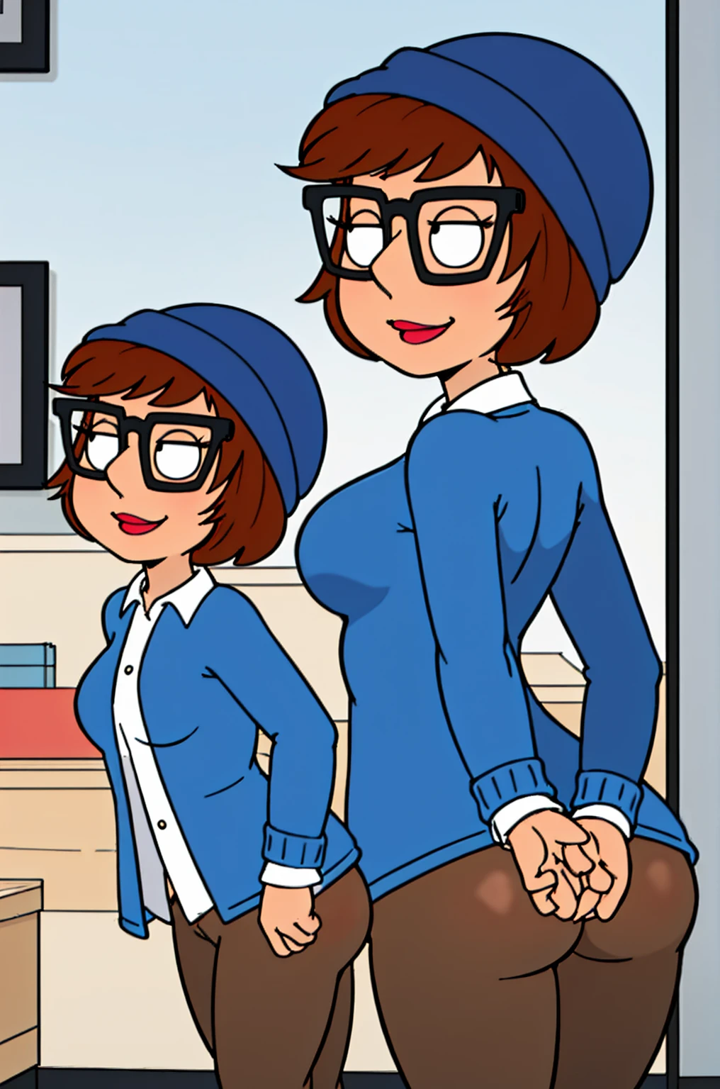 meg, glasses, brown hair, 1girl, hat, short hair, solo, shirt, black-framed eyewear, pants, white shirt, blue headwear, indoors,looking at viewer, smile,breasts, ass, spread ass, ass zoom in, ass focus, 