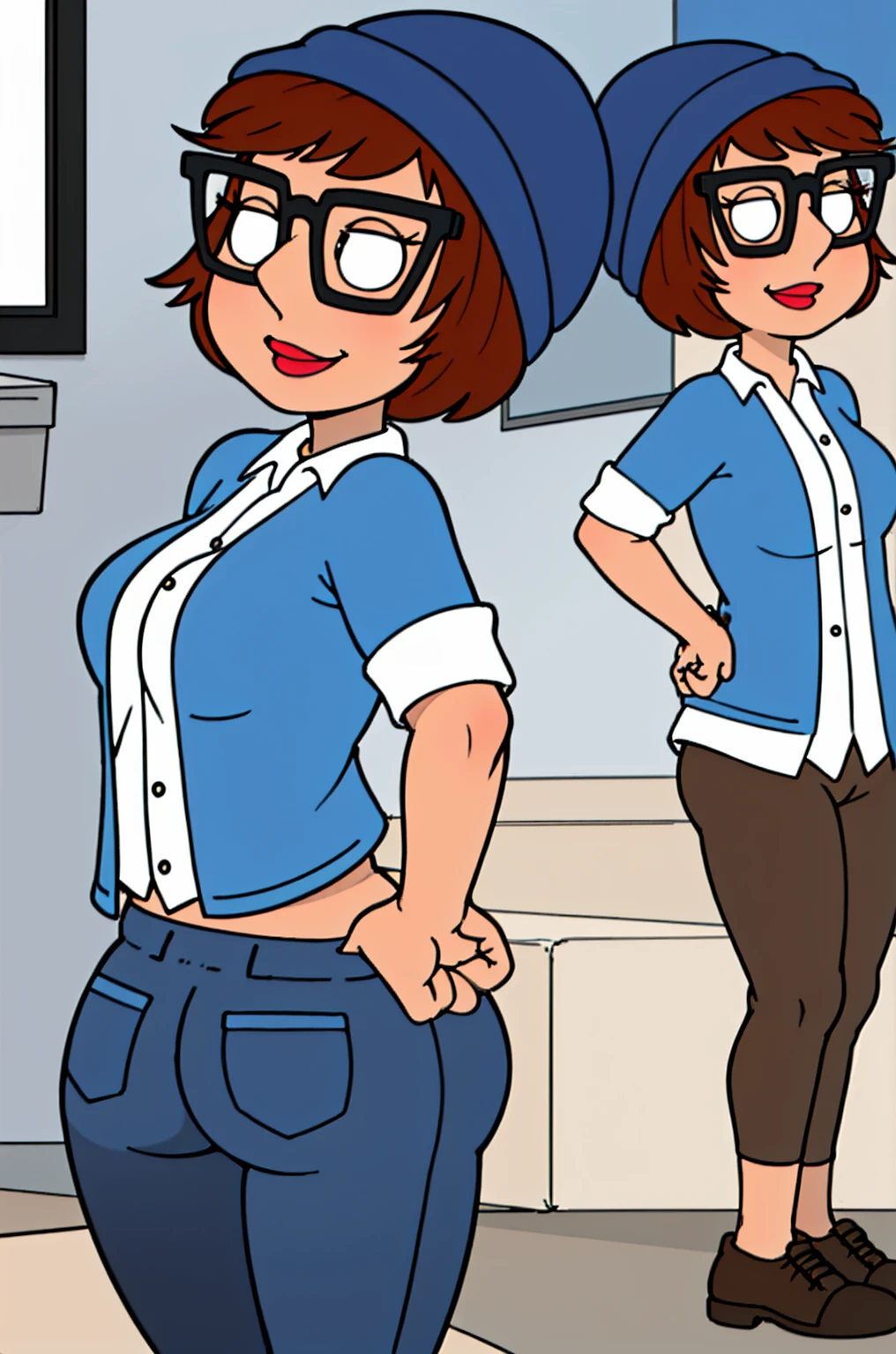 meg, glasses, brown hair, 1girl, hat, short hair, solo, shirt, black-framed eyewear, pants, white shirt, blue headwear, indoors,looking at viewer, smile,breasts, ass, spread ass, ass zoom in, ass focus,