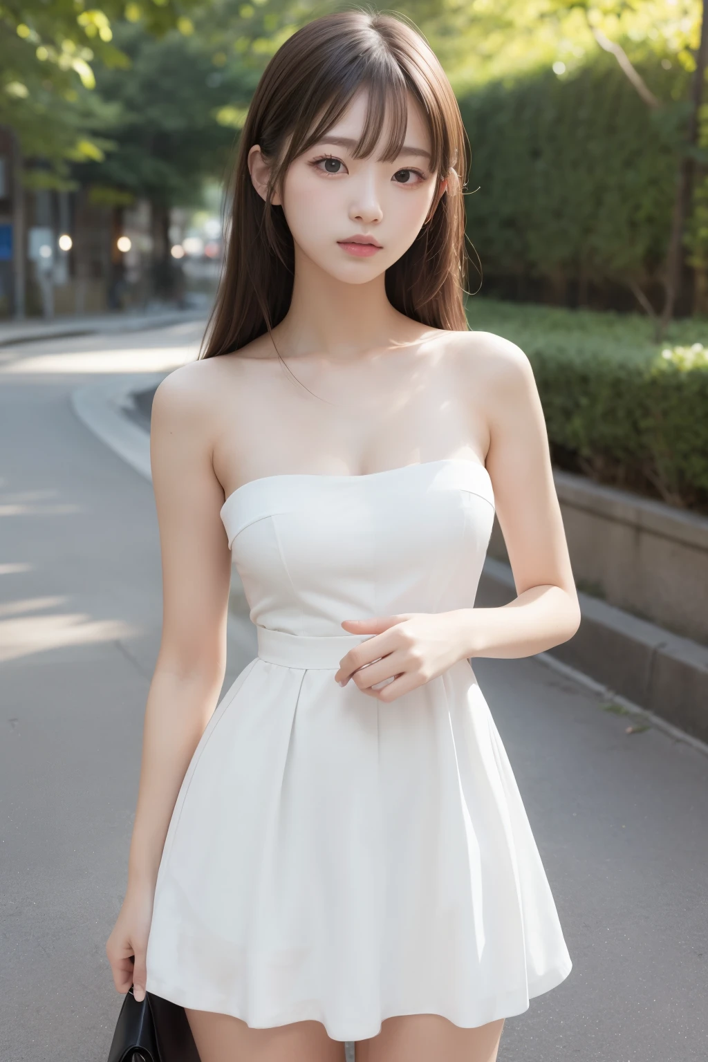 1girl,highres, high quality, masterpiece, bare shoulder, white dress, breakwater