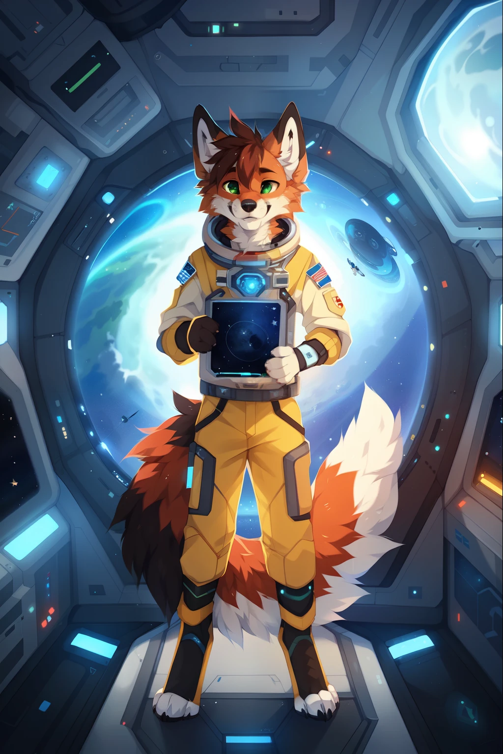 solo,full body,Male,fox,green eyes,brown hands,astronaut,Space,Spacecraft,Science Fiction,space station,Stellaris, ((by keihound, by reysi)), by Zackary911, by hyattlen, by fumiko, by fluff-kevlar, Furry, Anthro,