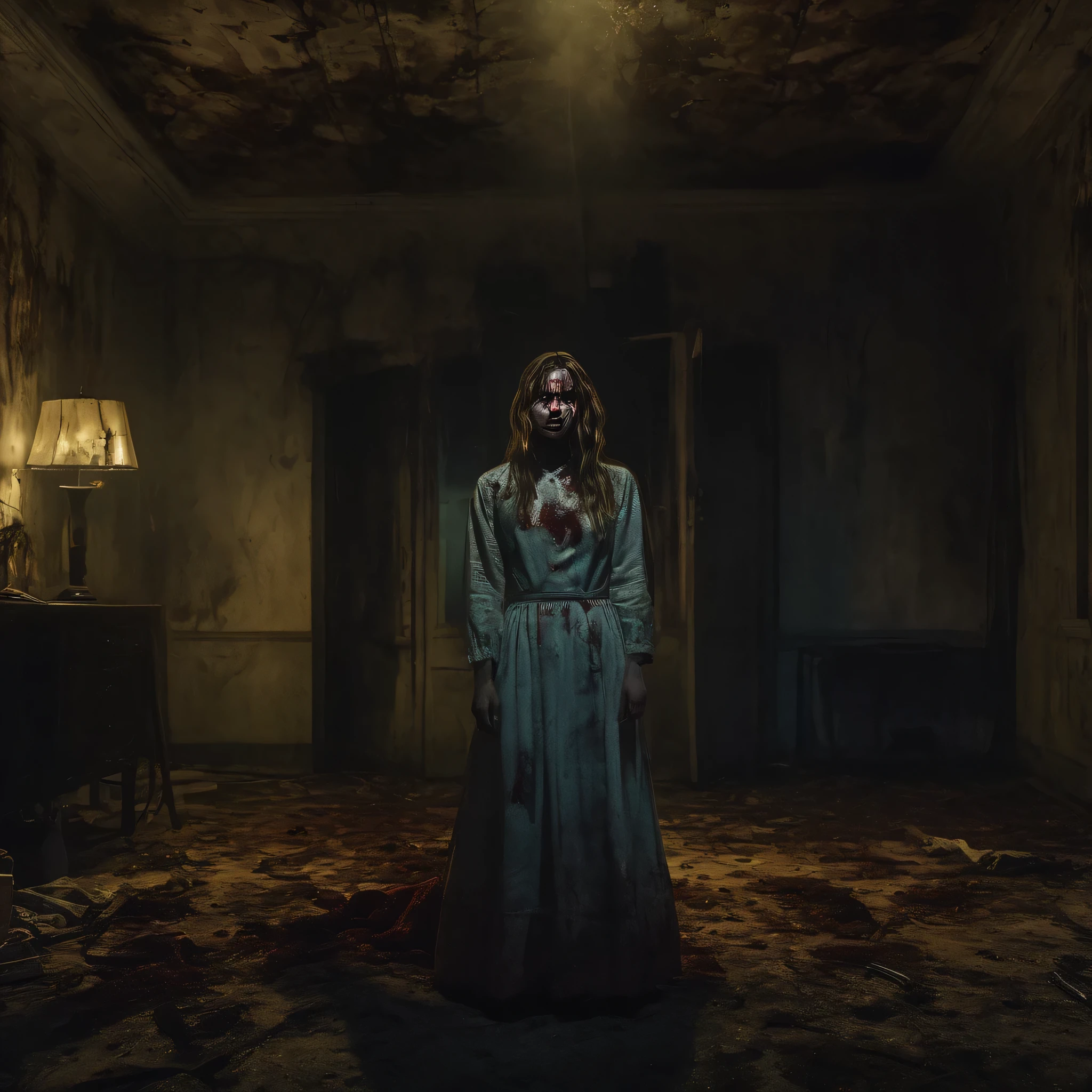 (masterpiece, best quality:1.2), horror scene, knife, dark rooms, glowing eyes, girl, humans, gore, UHD, HDR, 8k, ultra-wide angle, award winning