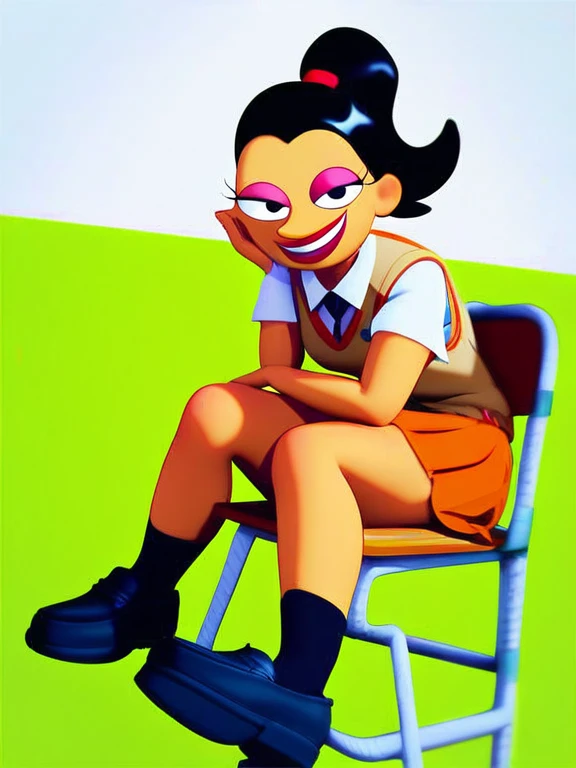 score_9_up,score_8_up,score_7, score_6,score_5,score_4, akiko, 1girl, black hair, solo, ponytail, sweater vest, school_uniform, orange skirt, socks, shirt, short sleeves, shoes, smile,looking at viewer, american dad,dot pupils, sitting on chair
