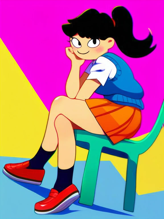 score_9_up,score_8_up,score_7_up, score_6_up,score_5_up, akiko yoshida, 1girl, black hair, solo, ponytail, sweater vest, school_uniform, orange skirt, socks, shirt, short sleeves, shoes, smile,looking at viewer, american dad,dot pupils, sitting on chair